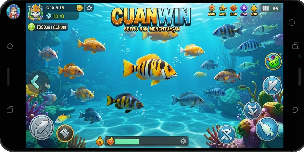 Tampilan utama gameplay CUANWIN dengan berbagai ikan berwarna-warni.