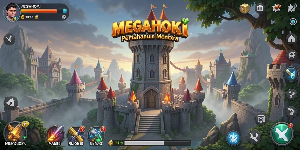 Gameplay menarik dalam MEGAHOKI dengan berbagai menara dan strategi.