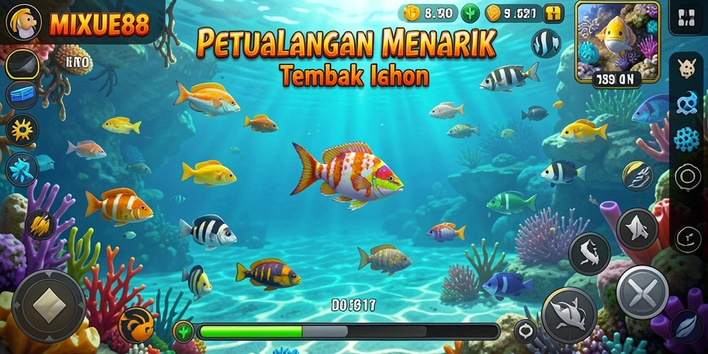 Screenshot gameplay MIXUE88 menampilkan aksi menembak ikan yang seru.