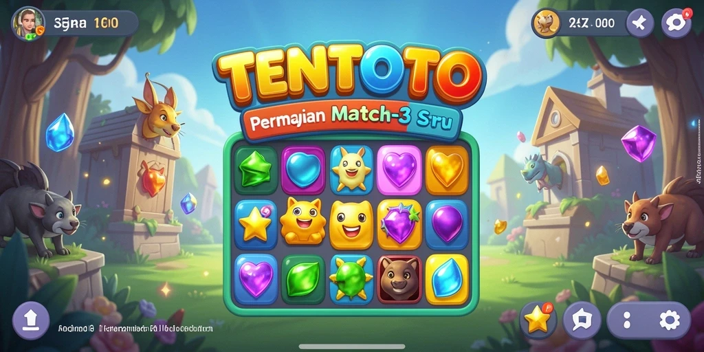 Gameplay TENTOTO yang menyenangkan dan penuh warna dengan permata Match-3.