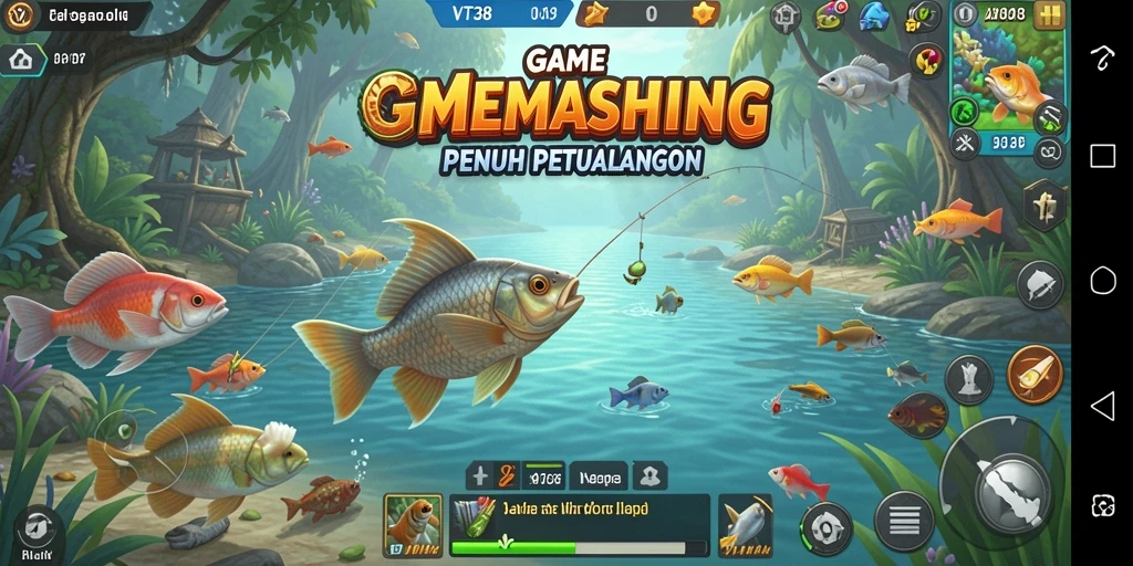 Tampilan gameplay VT38 yang penuh aksi memancing di lokasi menawan.